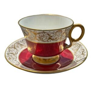 Adderley maroon and gold flourish tea cup and saucer Vintage EXC COND Ch…